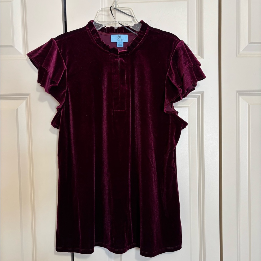 CeCe Velvet Ruffle Sleeve Blouse - Deep Burgundy sz L